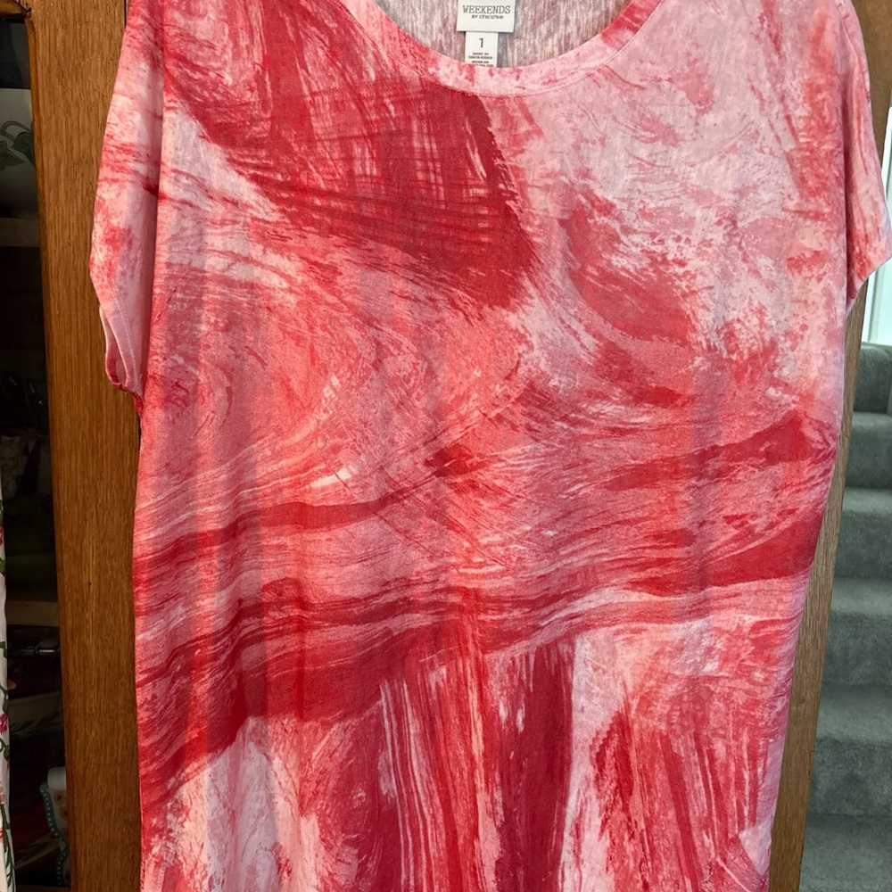 Chico's Red and Pink Abstract Short Sleeve Top